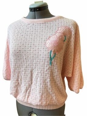 Vintage Canada Light Pink Textured Knit Sweater Floral Dolman Cottagecore Top